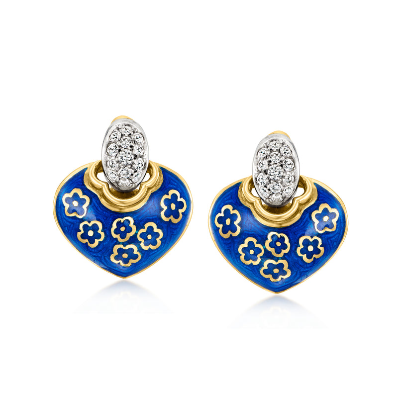 Blue enamel heart drop earrings, diamond pave top, 18kt yellow gold posts