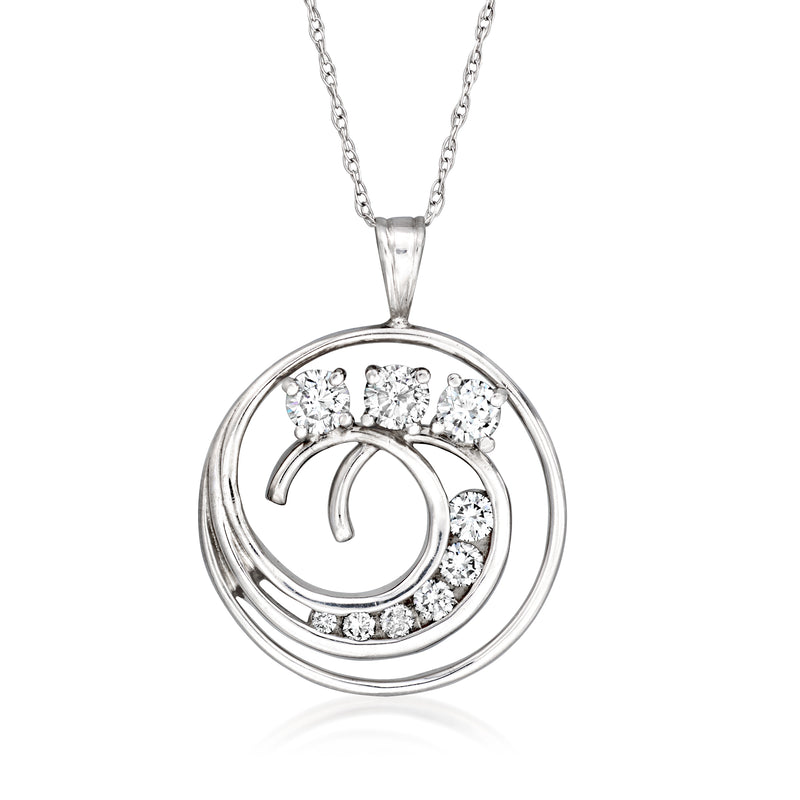 White gold round diamond swirl pendant necklace with curved arched diamond accents
