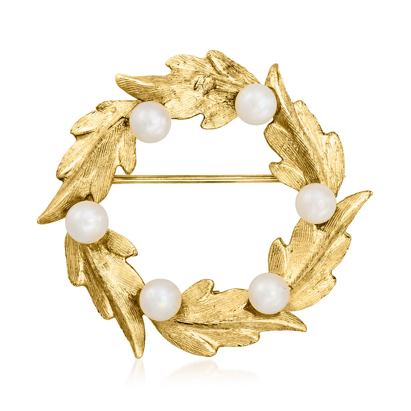 14kt yellow gold leaf circle pin with white cultured pearls