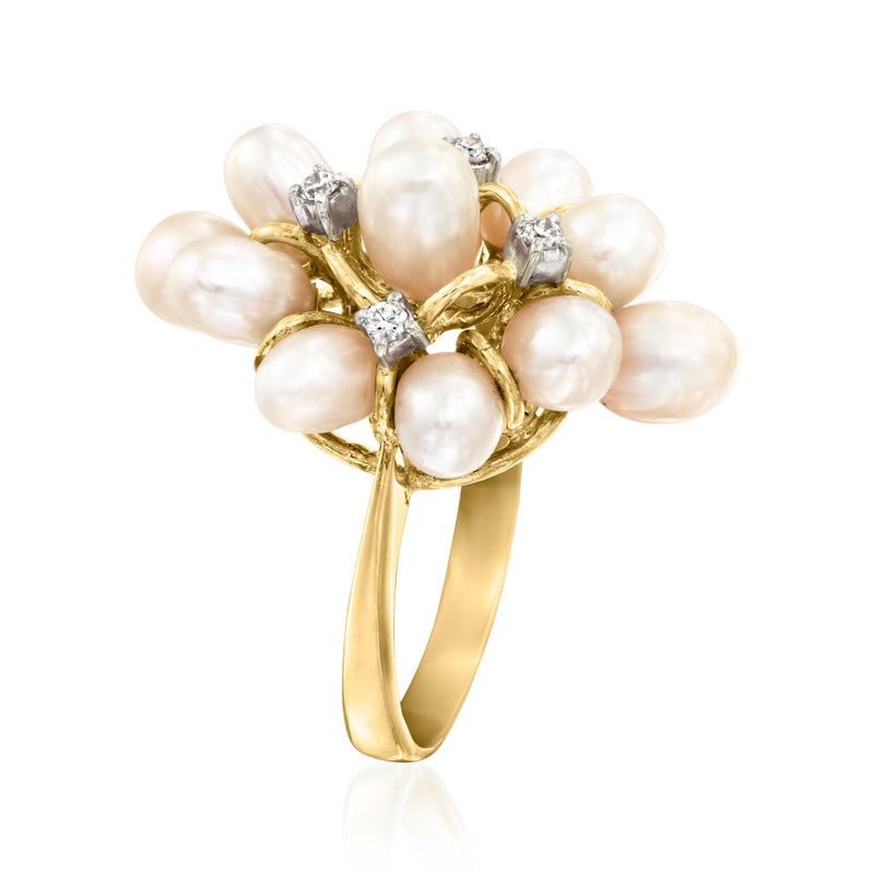 14kt yellow gold pearl and diamond cluster ring, side view with oval pearl center