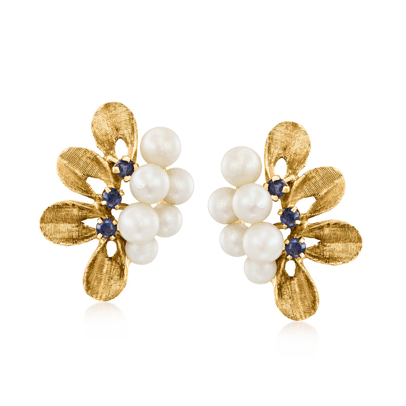 Cultured pearl and sapphire fan stud earrings in 14kt yellow gold, post style