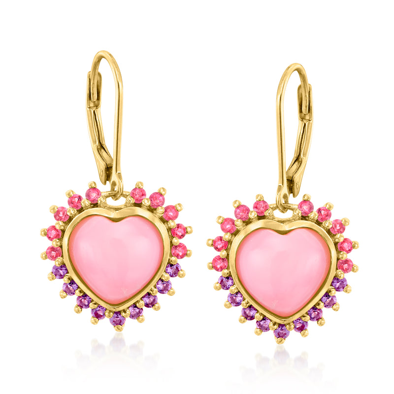 Heart drop earrings with pink heart center, halo of pink and purple stones, gold leverback