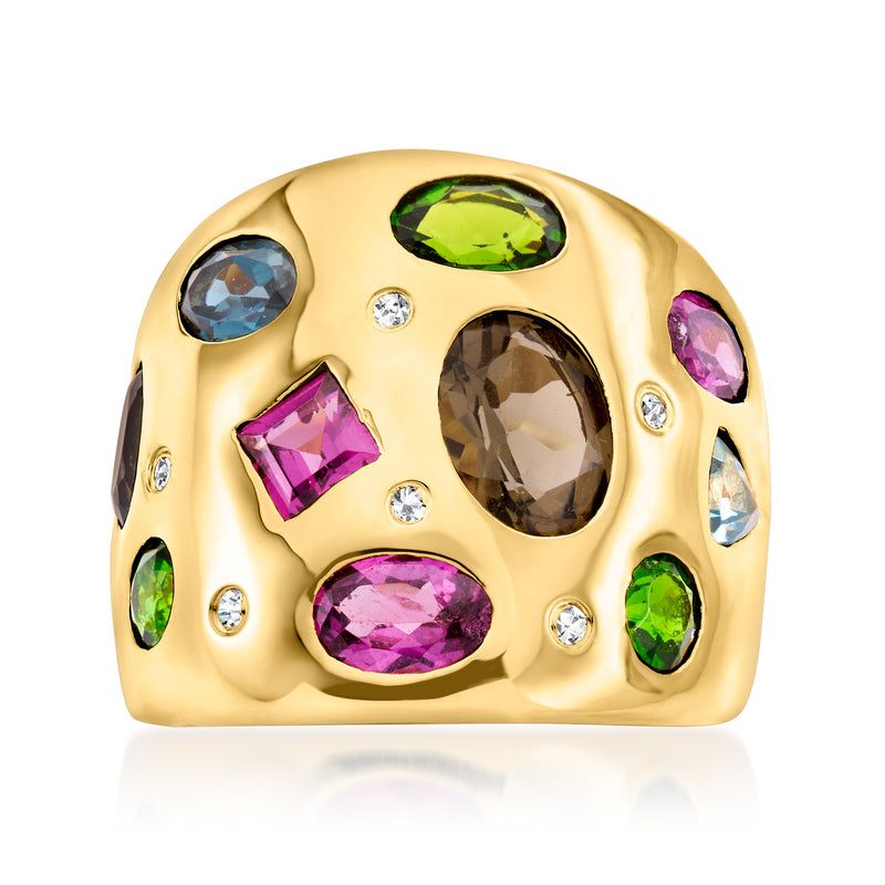 Gold-tone multi-gemstone statement ring with oval, pear, and round colored stones