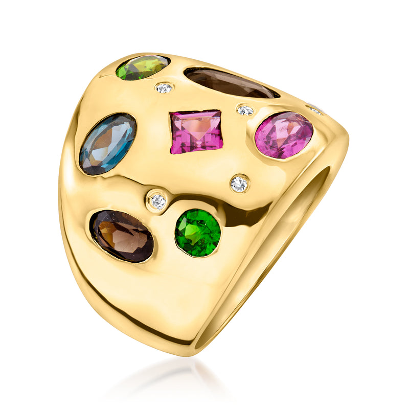 Gold-tone multi-gemstone ring with green, pink, blue, and smoky oval stones