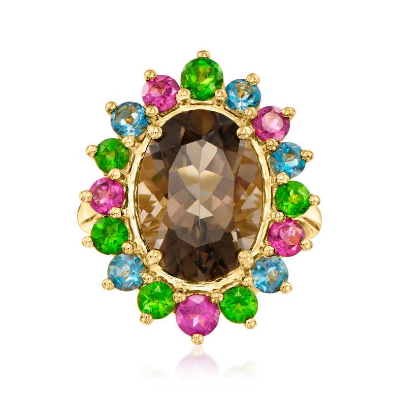 Multi-gemstone ring with smoky quartz center and oval halo, 18kt gold-tone