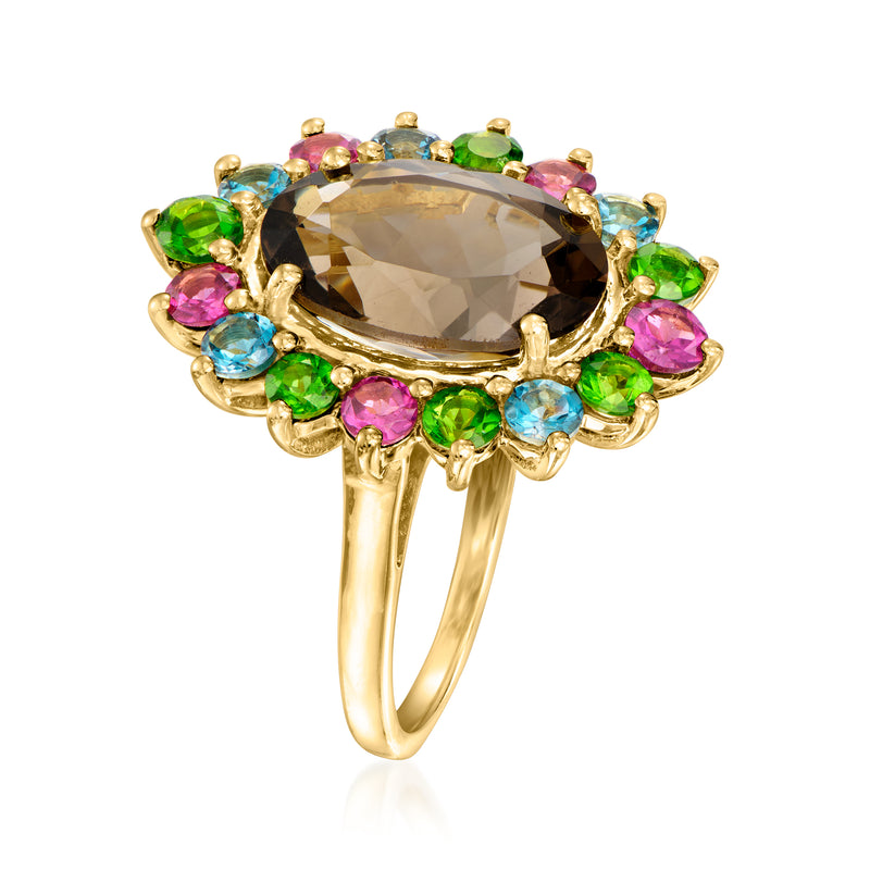 Smoky quartz oval ring with gold prong setting and blue, green, and pink stones