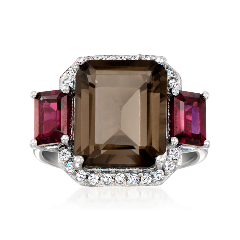 Sterling silver ring with smoky quartz center, rhodolite garnet sides, white zircon halo.