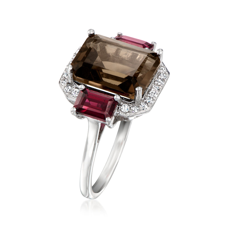 Sterling silver ring with square smoky quartz center, rhodolite garnet side stones, zircon accents.