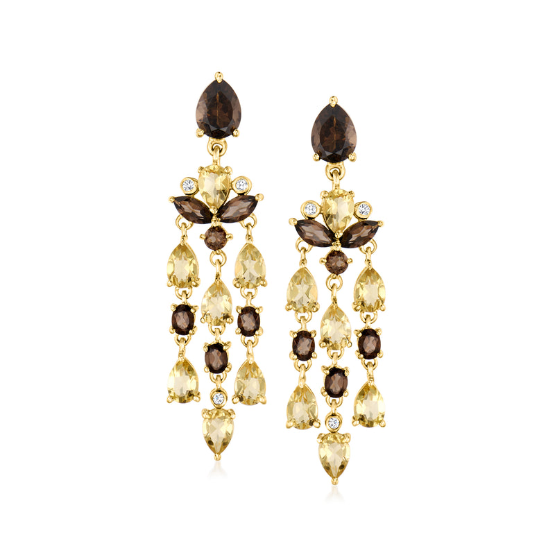 Gold drop chandelier earrings with smoky and lemon quartz, white zircon accents