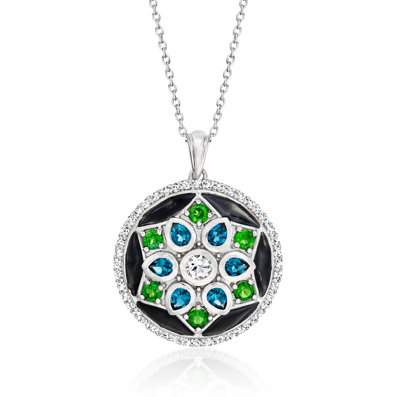 Sterling silver round pendant necklace with black enamel, blue/green gems, clear halo