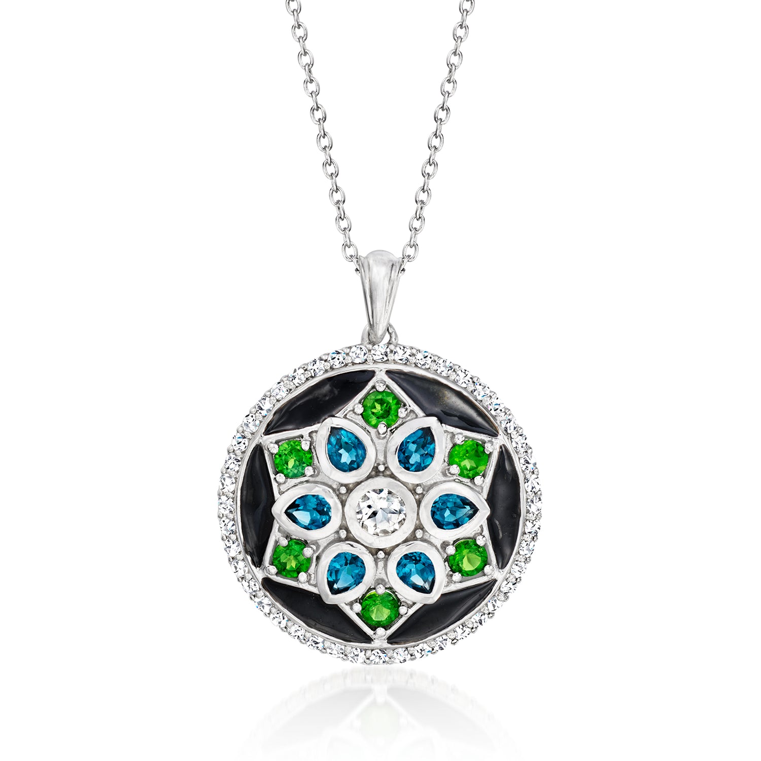 3.00 ct. t.w. Multi-Gemstone Pendant Necklace with Black Enamel in Sterling Silver
