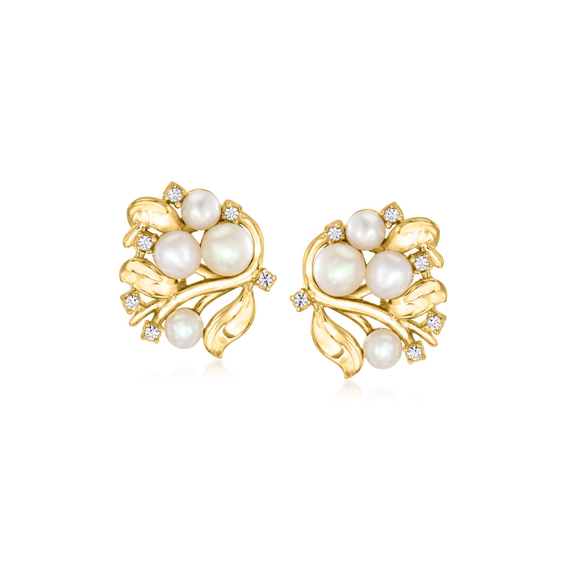 Gold vine post earrings with cultured pearls and clear gemstone accents