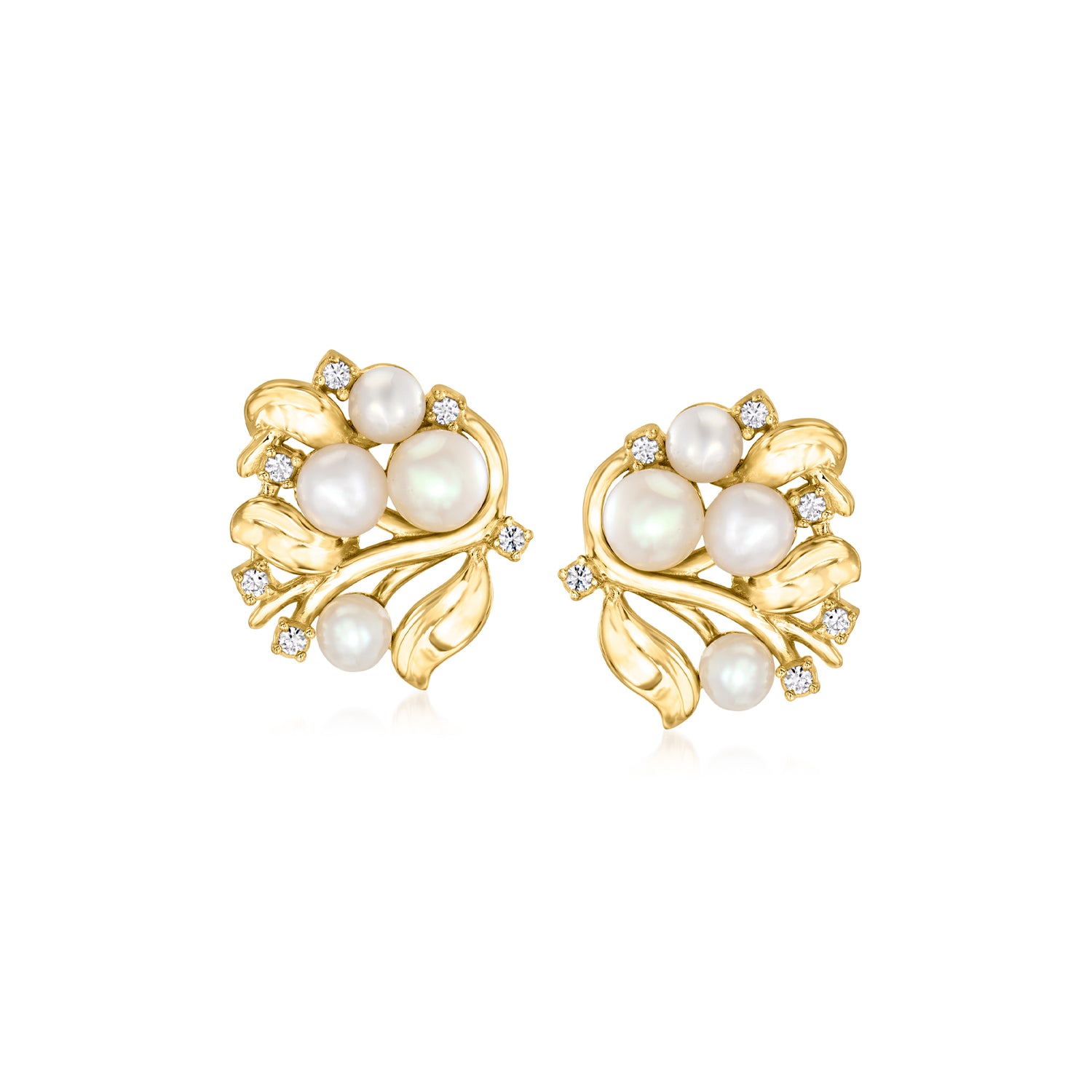 4-5mm Cultured Pearl and .20 ct. t.w. White Topaz Vine Earrings in 18kt Gold Over Sterling