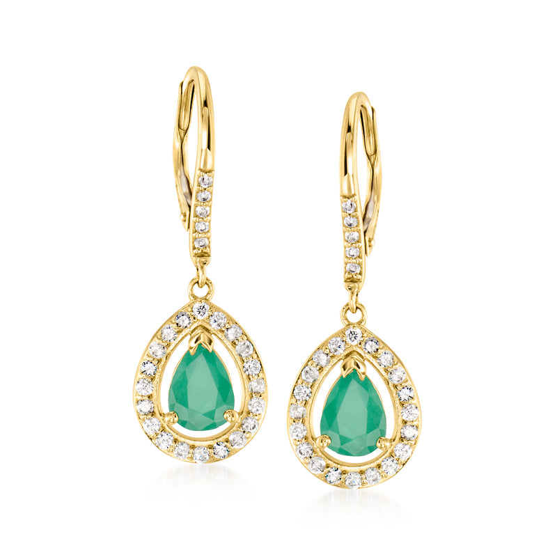 14kt yellow gold leverback drop earrings with green teardrop gemstone and diamond halos