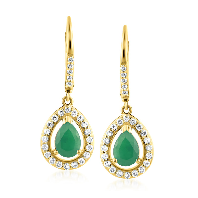 Yellow gold leverback earrings with green teardrop center and round diamond border