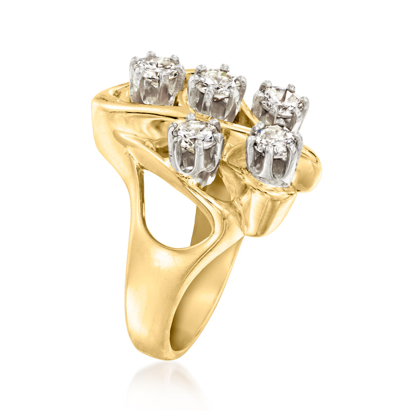 14kt yellow gold diamond cluster ring side view with five round brilliant stones