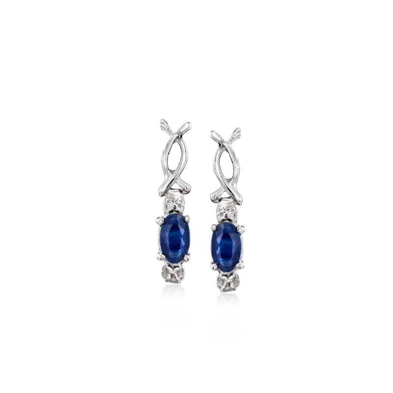 Vintage sapphire drop earrings in 10kt white gold with blue oval stones and diamond accents