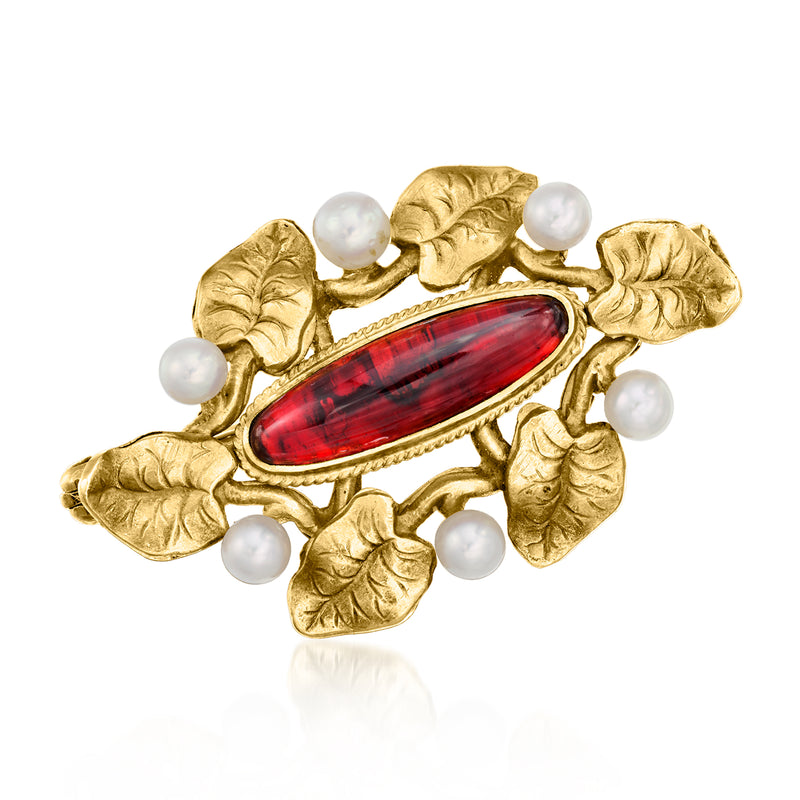 Gold leaf pin with red oval center and three cultured pearls, vintage style