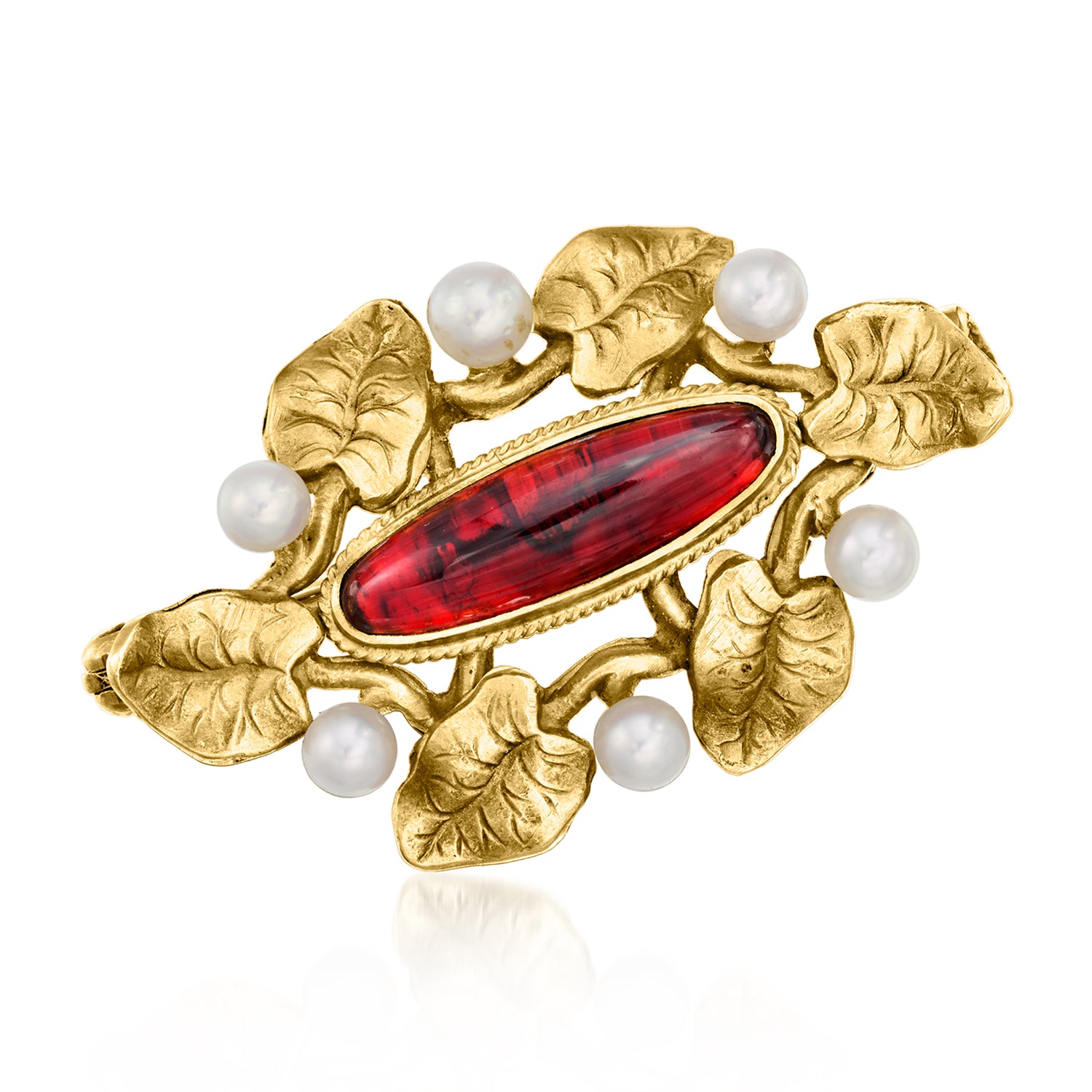 Pre-owned Ross-simons C. 1940 Vintage 1.30 Carat Garnet Leaves Pin With 3mm Cultured Pearls In 14kt Yellow Gold