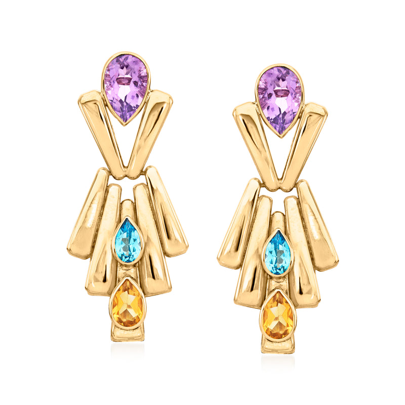Front view 14kt yellow gold drop earrings with purple, blue, and orange stones