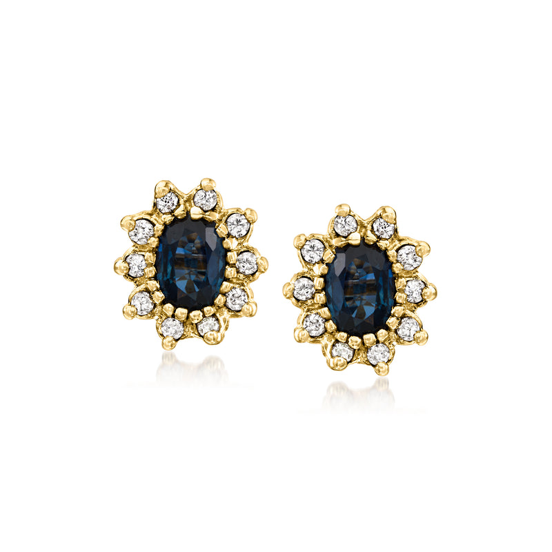 Vintage sapphire and diamond stud earrings, round blue center stones in 14kt yellow gold