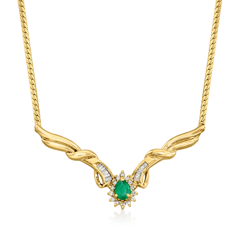14kt yellow gold V-neck necklace with oval green emerald and diamond accents
