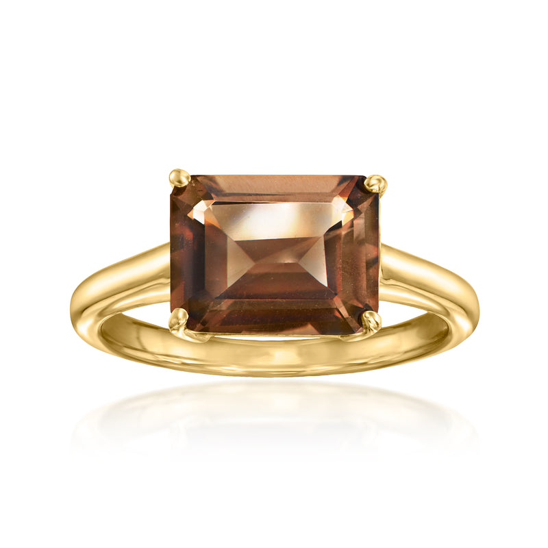 Gold over sterling east-west ring with rectangular smoky quartz center stone