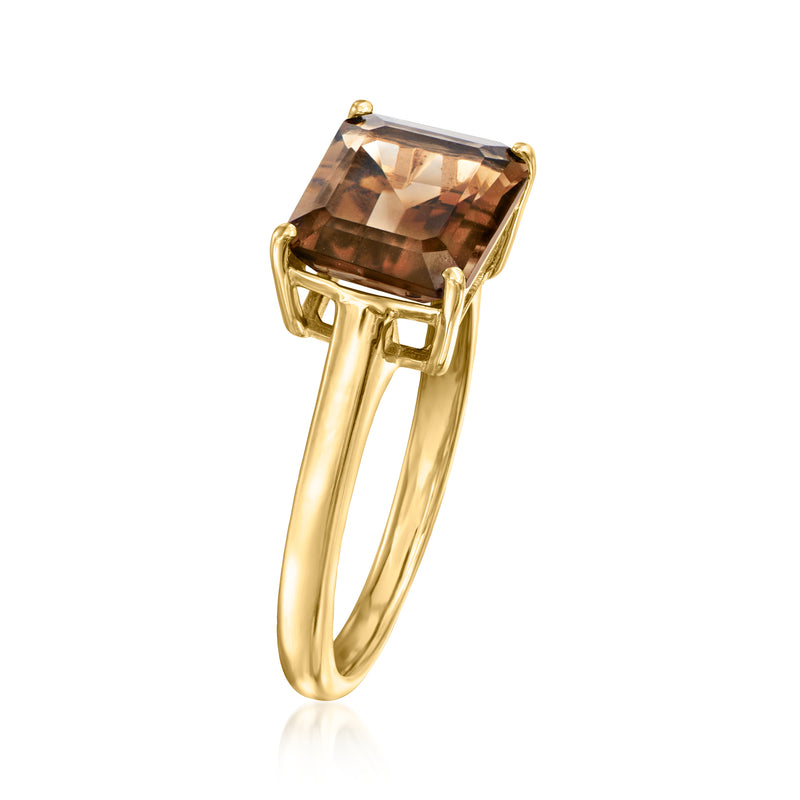 Gold over sterling ring with rectangular smoky quartz set in open bezel
