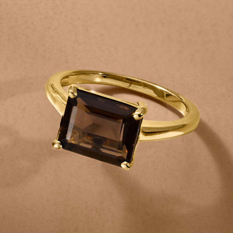 Gold over sterling ring with rectangular smoky quartz stone in stepped bezel
