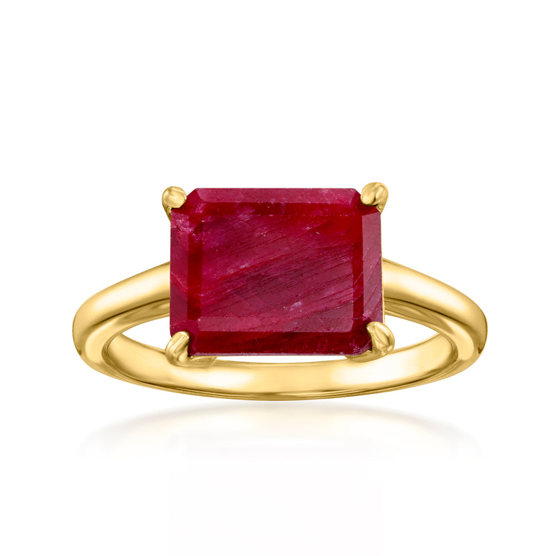 Gold over sterling ring with square red gemstone, four-prong east-west setting