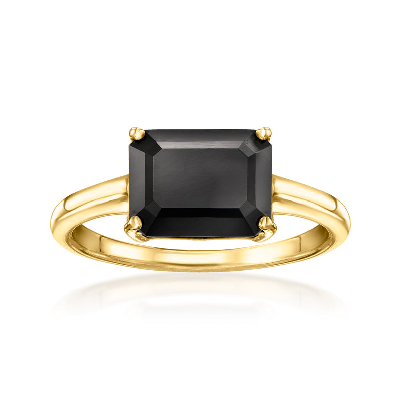 Gold over sterling ring with square black gemstone and four prongs