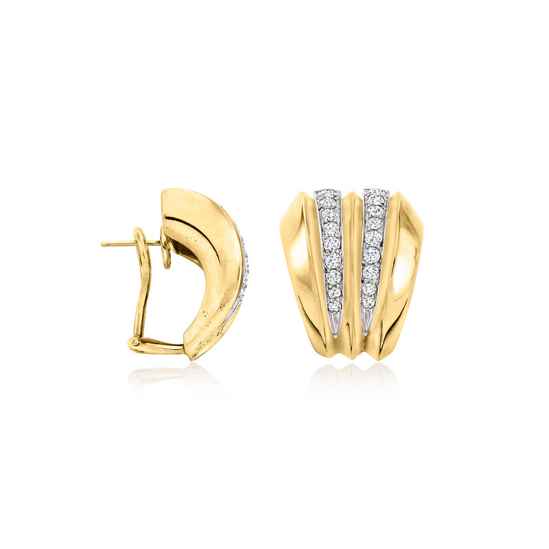 Vintage curved diamond earrings in 14kt yellow gold, shown front and side views