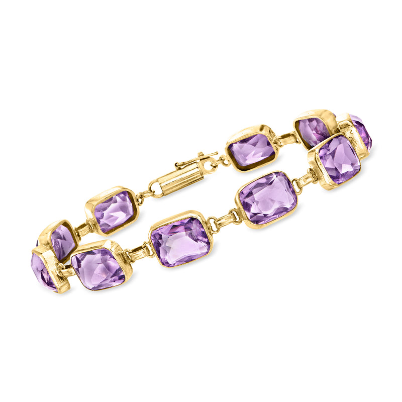 Vintage 14kt yellow gold amethyst link bracelet with cushion-cut purple gemstones