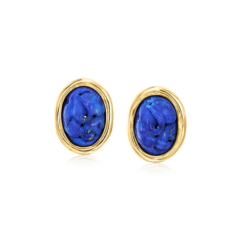 Oval carved lapis stud earrings in 14kt yellow gold, post backs