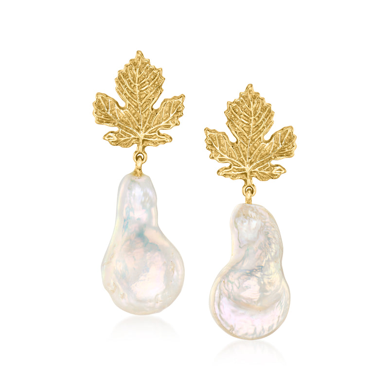 Gold-tone leaf drop earrings with baroque cultured pearl teardrops