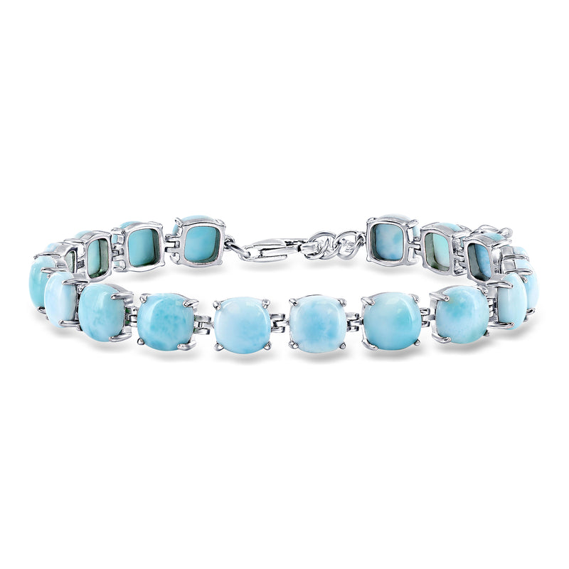 Sterling silver tennis bracelet with Larimar cabochon square stones, hinged links