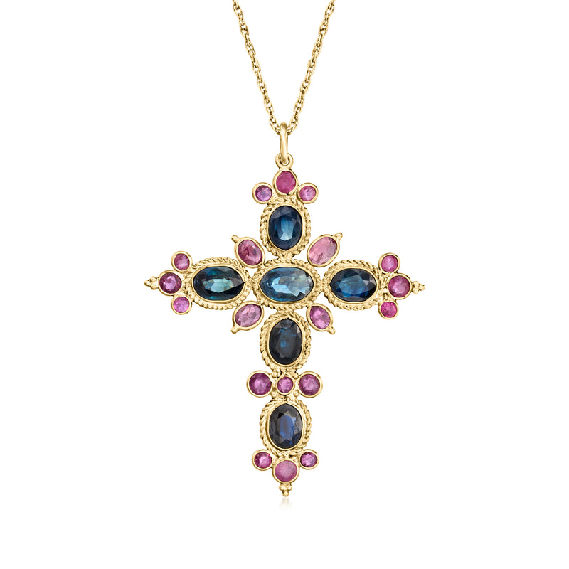 14kt yellow gold cross pendant necklace with oval blue stones and purple accents