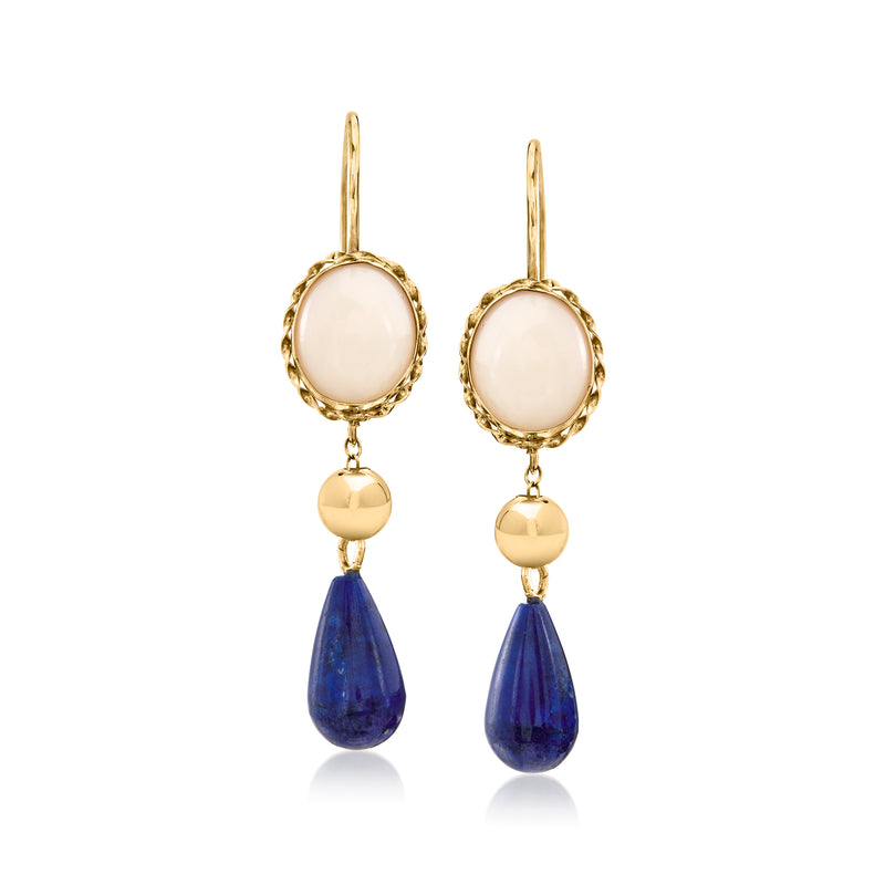 14kt yellow gold leverback drop earrings with white coral round tops and blue lapis teardrops
