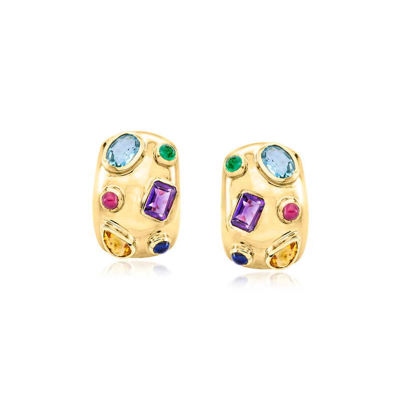 Curved 14kt yellow gold earrings with blue, purple, green, and pink gemstones