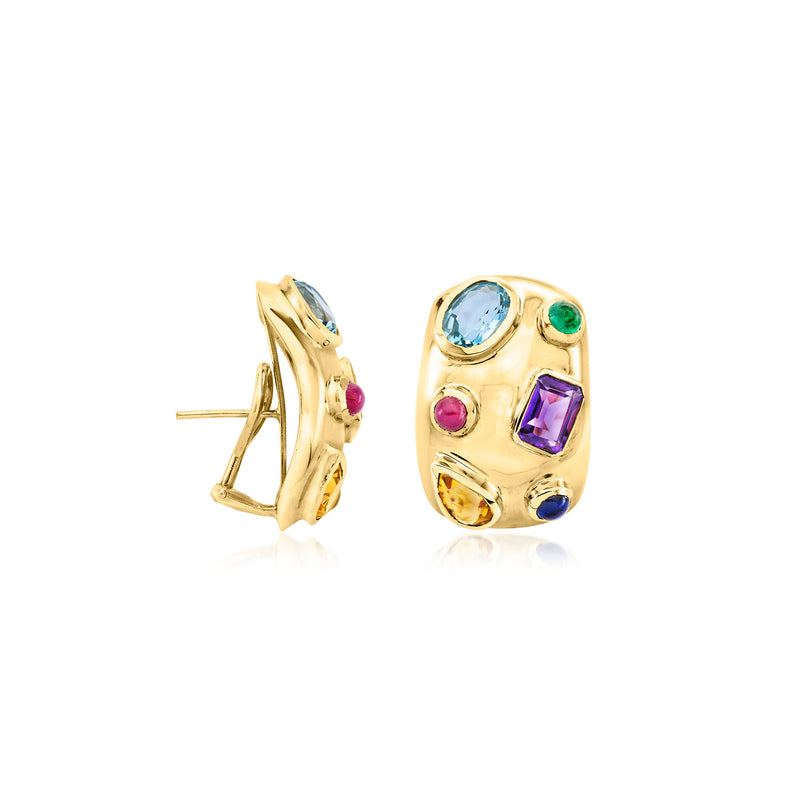 Curved yellow gold earrings with multicolor gemstones and straight post backs