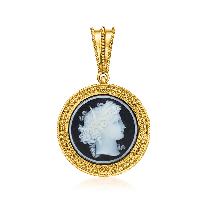 Round 18kt yellow gold cameo pendant with white agate figure in black bezel