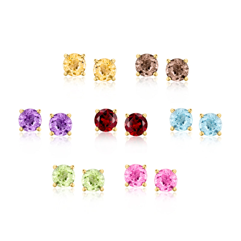 Seven-pair multi-gemstone stud set: round studs in yellow, purple, red, blue, green, pink
