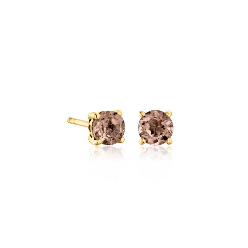 Gold-tone round gemstone stud earrings pair with smoky brown stones and prong settings