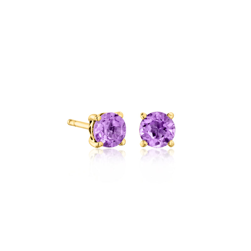 Gold-tone round gemstone stud earrings pair with lavender-purple stones and prong settings