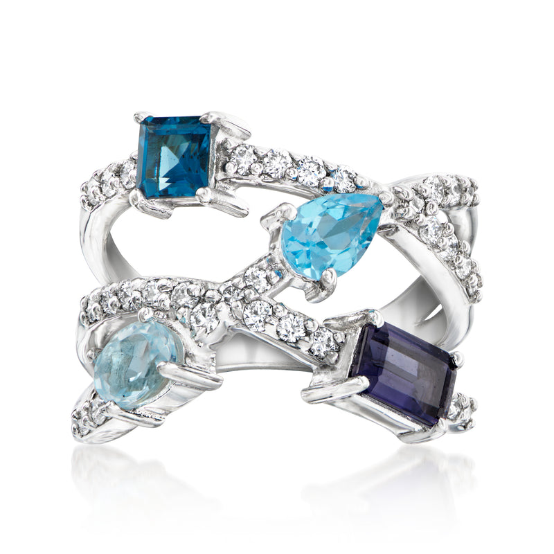 Sterling silver multi-gemstone highway ring with blue square, oval and dark blue stones