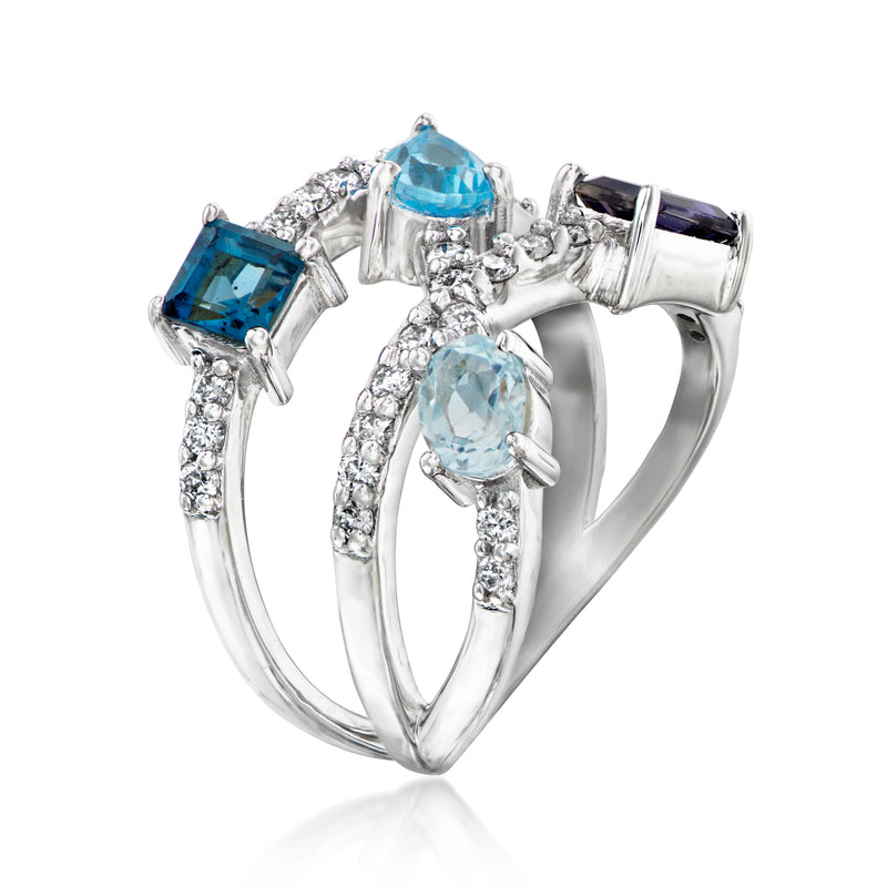 Sterling silver multi-gemstone ring with blue oval, square and dark blue bezel settings