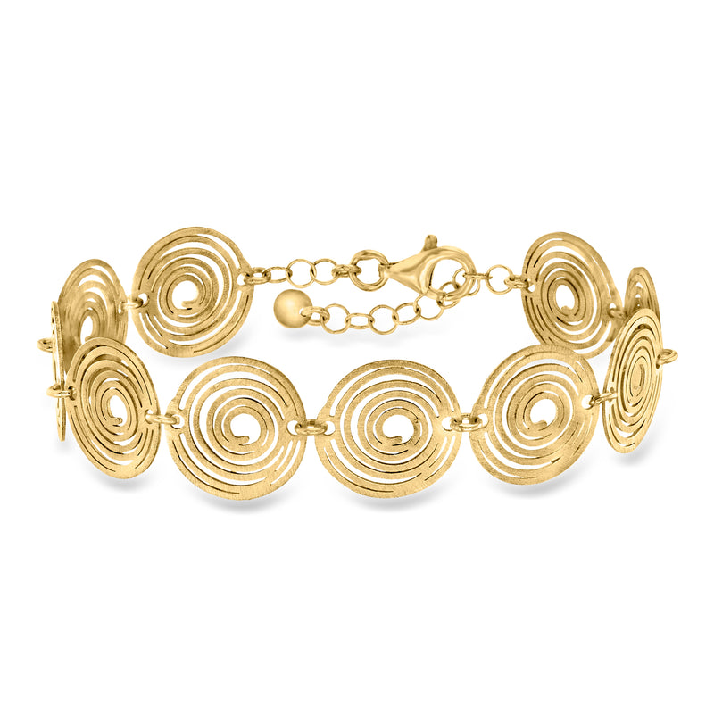 Gold over sterling spiral station bracelet with circular swirl links and chain clasp