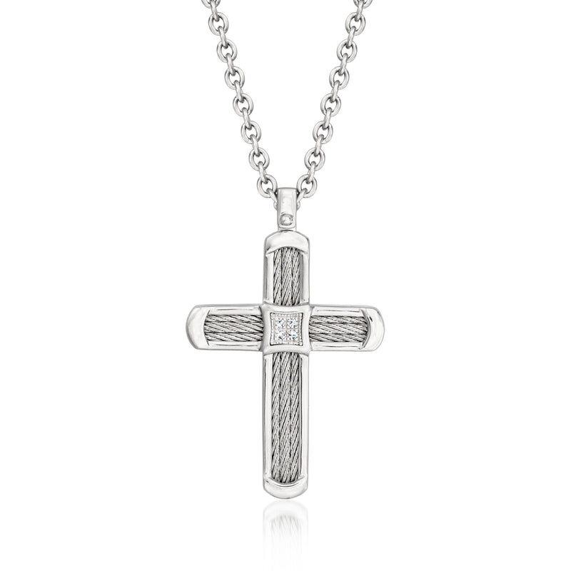 ALOR cross pendant necklace with diamond center, textured silver-tone cross and chain