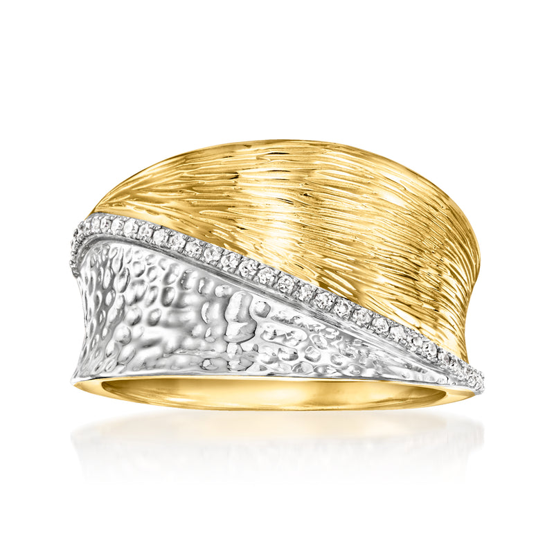 Striped diamond ring, hammered silver with gold top band, sparkling stones