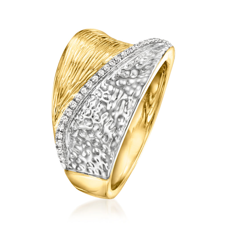 Striped diamond ring with textured silver face, gold-edged band and stone accents
